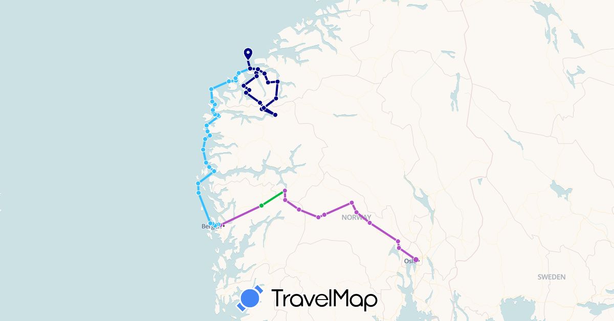 TravelMap itinerary: driving, bus, plane, train, boat in Norway (Europe)
